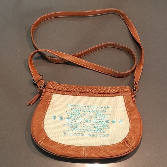 Source Unknown Handbags - Brown Cream and Turquoise Purse with Adjustable Strap